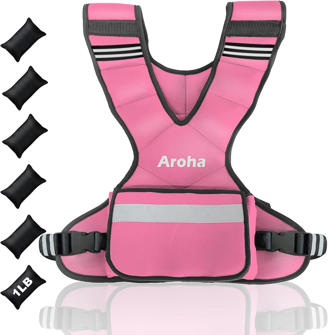Adjustable Weighted Vest for Women & Men, 4-10lb/11-20lb/20-32lb Vest with 6 Ironsand Weights for Strength Training and Home Workout, Weight Vest with Reflective Strip for Running, Walking (Pink)