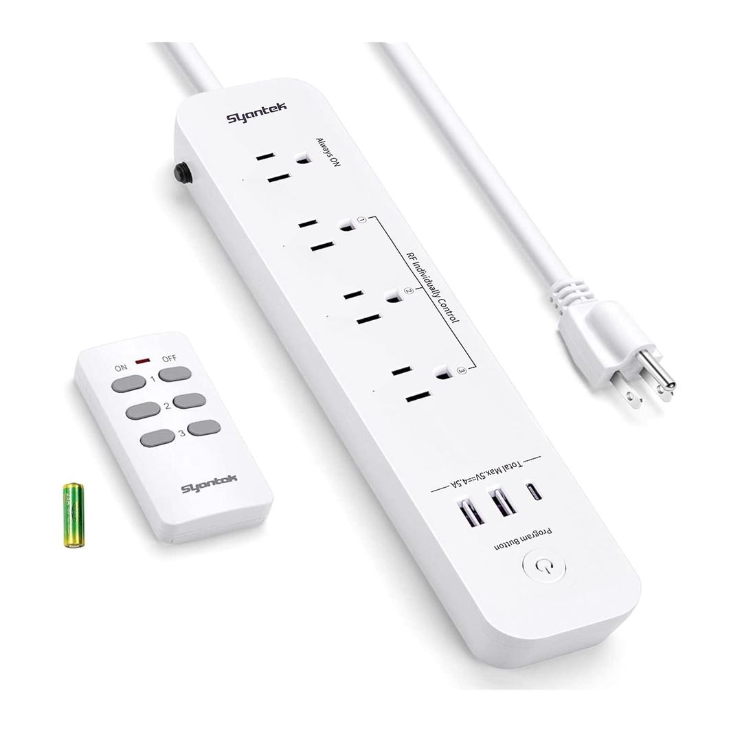 Remote Control Power Strip with 3 USB Surge Protector Power Strip with 3 RF Controlled Outlets, 5ft Extension Cord, 15A/1875W Remote Control Outlet for Household and Workstation Appliances