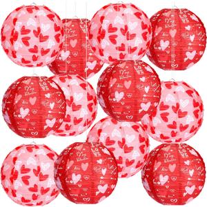 Bencailor 12 Pcs Valentine's Day Paper Lanterns Party Decorations Heart Hanging Round Lanterns 12 Inch Hanging Paper Decorations for Valentines Party Wedding Anniversary Supplies(Heart)
