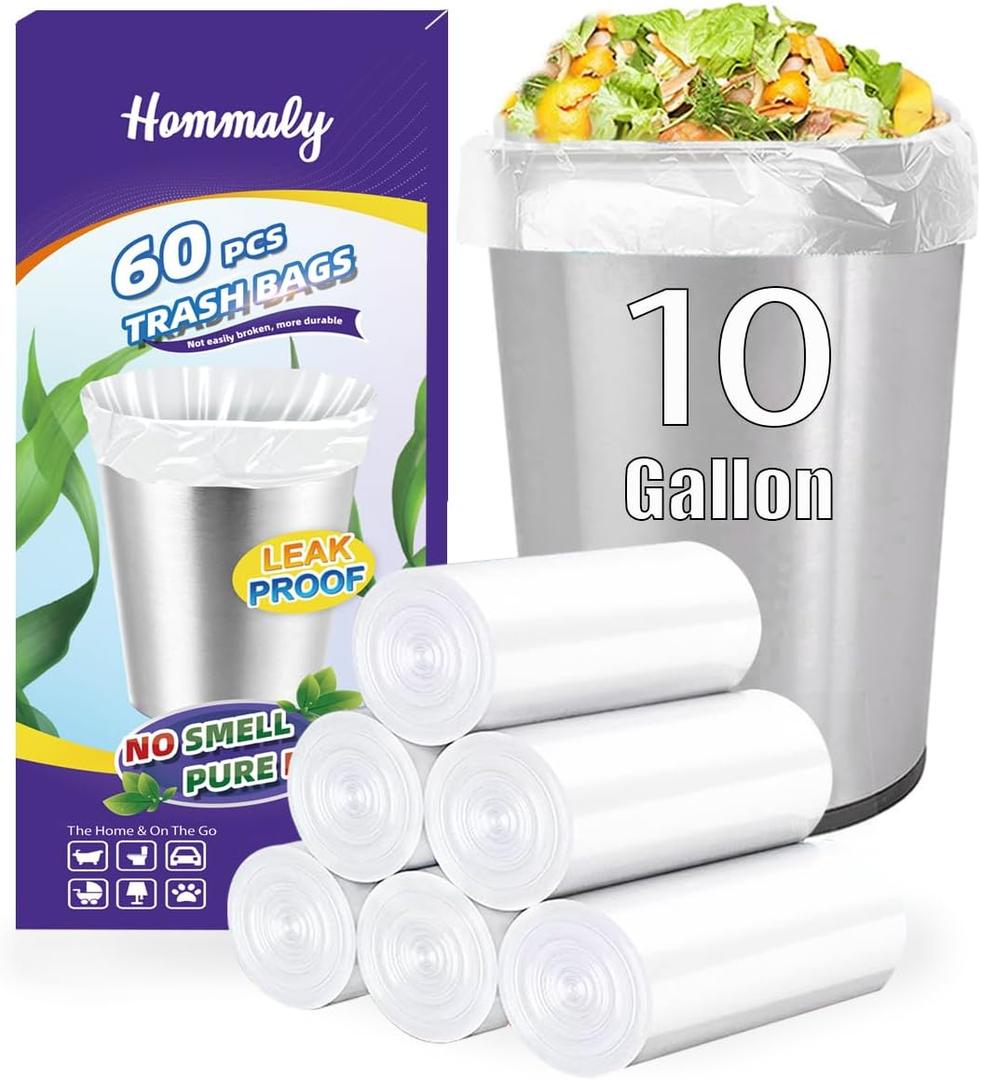 10 Gallon 60pcs Medium Clear Bags Strong Clear Garbage Bags, Bathroom Can Bin Liners, Plastic Bags for Office Home Kitchen, Waste Basket Liner, Fit 30 Liter, 10 Gal(10G60-Clear)