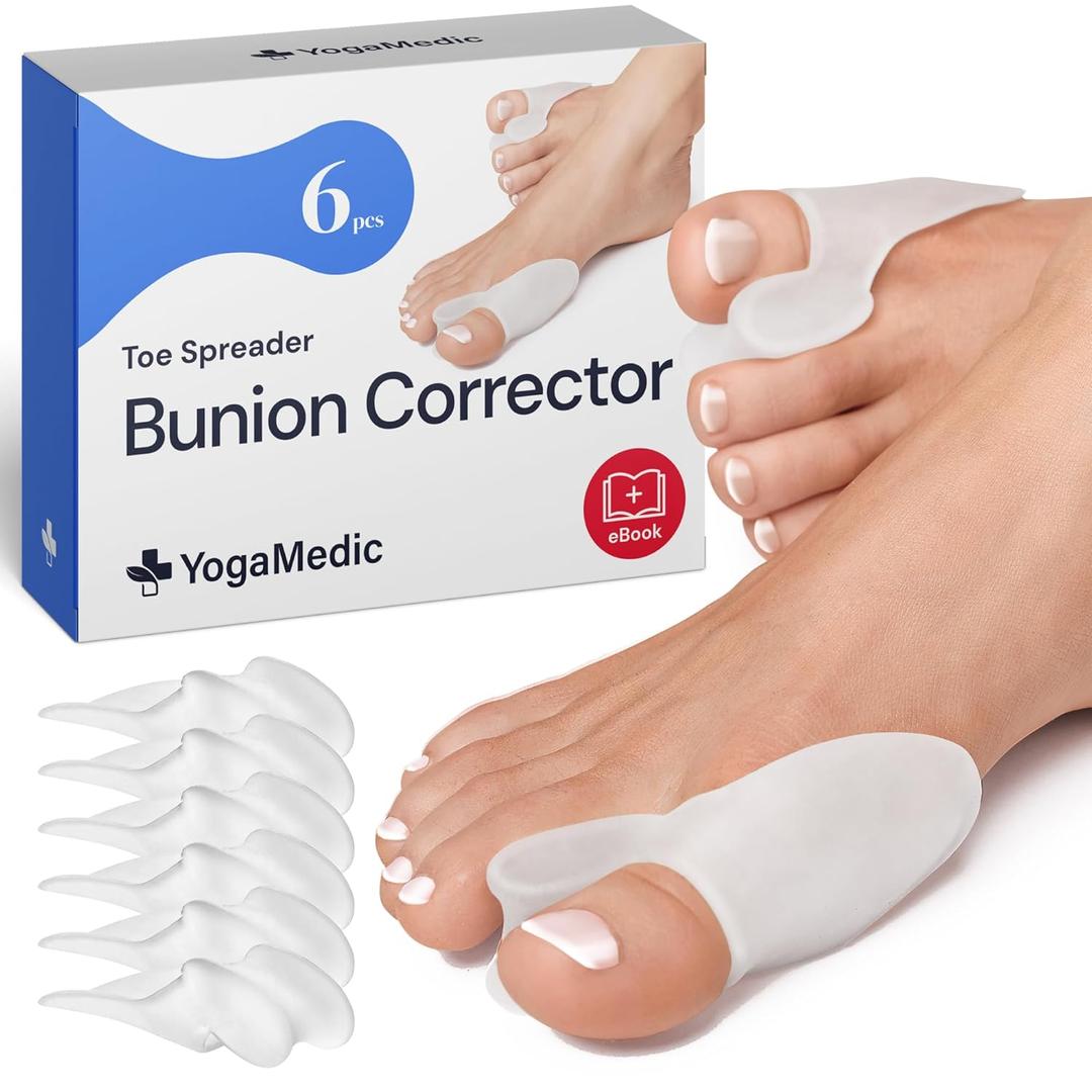 YOGAMEDIC Bunion Corrector Toe Separator for Big Toe to Relax, Spread and Stretch 6Pcs for Hallux Valgus & Bunion Support- 0% BPA Soft Silicone One-Size Pads, Protector for Overlapping Toes Unisex