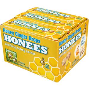 Honees Filled Honey Ginger Drops, Natural Cough Drops- Pure Ginger Sore Throat Relief - Nothing Artificial -Throat Coat Lozenges, Natural Cough Suppressant, Non-GMO (12 Pack – 108 Drops)