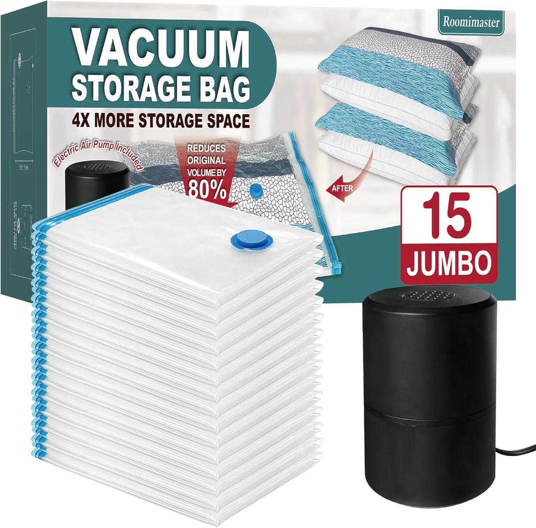 Vacuum Storage Bags with Electric Pump, 15 Jumbo Space Saver Bags Vacuum Seal Bags with Pump, Space Bags, Vacuum Sealer Bags for Clothes, Comforters, Blankets, Bedding