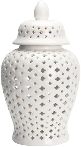 Luxshiny Lattice Ginger Jar, Display Hollow Vase Temple Jar with Intricate Mediterranean Inspired Work Flower Vase Living Room and Kitchen Decor - 8.26” (White)