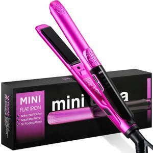 ORYNNE Mini Flat Iron 1/2 Inch with 5 Adjustable Temperatures, Tourmaline Ceramic Small Hair Straightener for Short Hair, Bangs, Beard, Pixie, Edge - Dual Voltage Travel Curling Iron, Auto-Off (Rose Red)