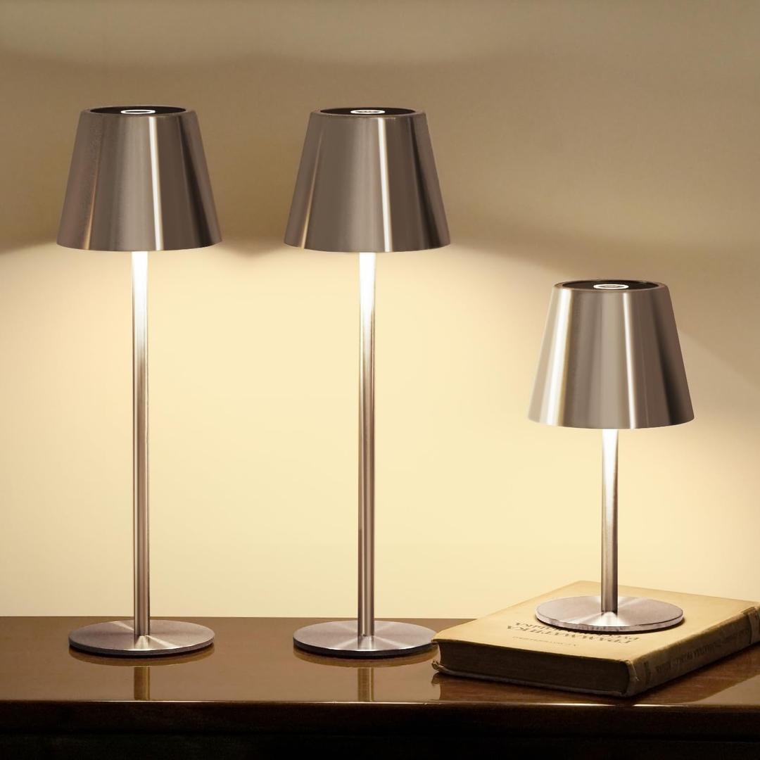 3 Pack Cordless Table Lamp, Portable Battery Operated Lamp with 3 Color Temps and Stepless Dimming, Rechargeable Table Lamp for Dinner, Desk, Cafe, Outdoor (Brushed Silver)