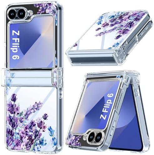 FCSWEET for Samsung Galaxy Z Flip 6 Case with Hinge Protection,Clear Floral Lavender Shockproof Protective Hard PC Slim Floral Women Phone Case for Z Flip6 - Purple Lavender