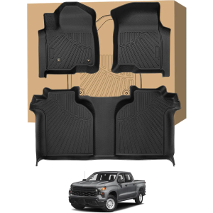 Car Floor Mats for 2019-2024 Chevrolet Silverado 1500/GMC Sierra 1500 2020-2024 Chevy Silverado/GMC Sierra 2500HD/3500HD Crew Cab Laser Cut Custom Fit TPE All Weather Truck Floor Mats Floor Liners