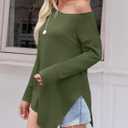 Tankaneo Womens Off The Shoulder Tops Casual Long Sleeve T Shirts Irregular Hem Split Tunics Loose Fall Blouse Shirt (Green, L)