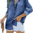 Womens Button Down Denim Shirt Chambray Casual Long Sleeve Collared Boyfriend Jean Jacket Shacket with Pockets (Blue, XXL)