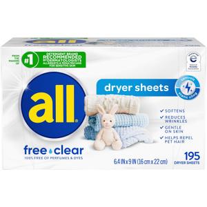 all Fabric Softener Dryer Sheets for Sensitive Skin, Free Clear, 195 Count