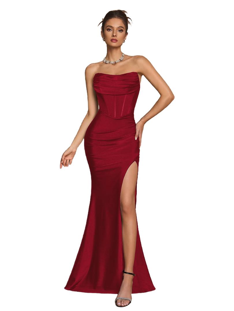 Women's Cocktail Dresses Elegant Black Strapless Slit Mermaid Evening Dresses for Wedding Guest,XL