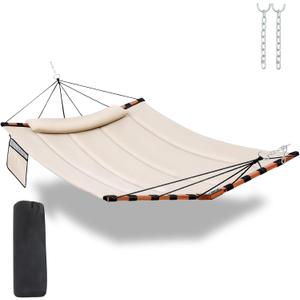 TegerDeger 12FT 2 Person Hammock with V Shaped Hardwood Spreader Bar & Nylon Rope for Outside, Patio, Garden, Backyard, Beach, Poolside, 450LB Capacity, 55in x 79in - Beige