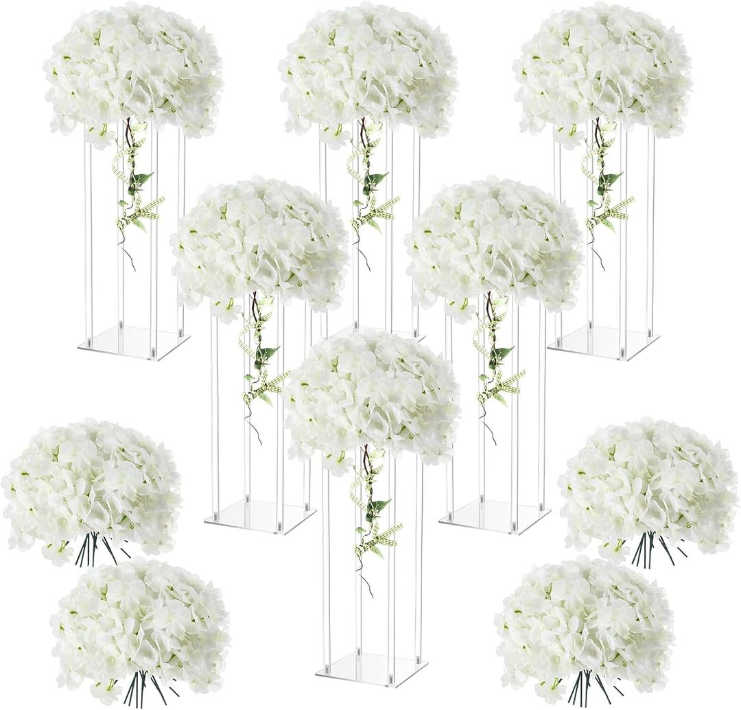 Geetery Tall Acrylic Wedding Flower Stand Centerpieces Clear Elegant Vase Column Stand with Artificial Hydrangea Flowers for Wedding Party Table Home Decorations(6 Pcs,16 Inch)