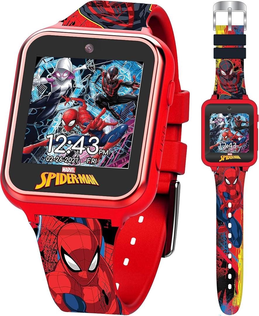Spider-Man Kids Smartwatch - Interactive LED Screen with 10 Custom Watch Faces, Camera, Games, Alarm, Step Tracker & More - Fun Gift for Boys with Marvel Silicone Strap - Fits Wrists 5.5'' to 8.0" (Red/Black)