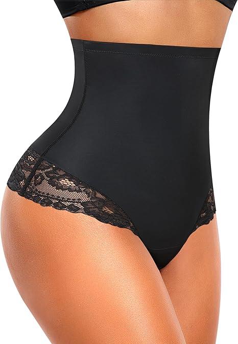 Tummy Control Thong Shapewear for Women Mid High Waisted Body Shaper Underwear Lace Shaping Thong Girdle Panties Black, Lace, XXL
