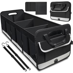 Trunk Organizer for Car, 95L Large Capacity Storage with Non-Slip Bottom Strips and 2 Retractable Straps, Cargo Organizer for Suv, Truck, Sedan, Waterproof Portable Car Organizers for Women Men (Black Gray)