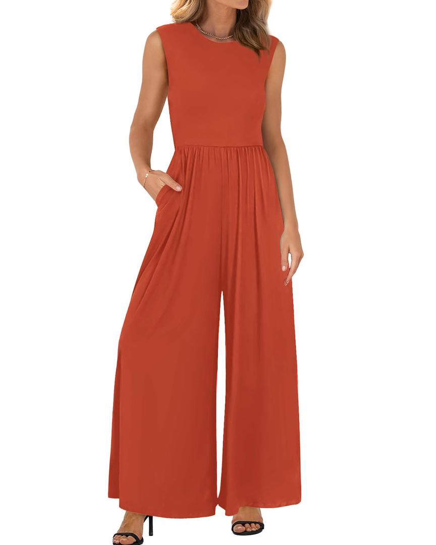 BTFBM Womens Casual Jumpsuits Dressy 2026 Spring One Piece Outfits Crew Neck Sleeveless Knit Wide Leg Pants Romper Beach(Brick Red, Small) (Orange, S)