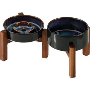 Ceramic 0.9 Cup Raised Slow Feeder Dog Bowl Set, Elevated 6.1inch Water Bowl and 6.1inch Slow Dish with Acacia Wood Stand for Small Dogs (2 x Starry Sky+ Stand)