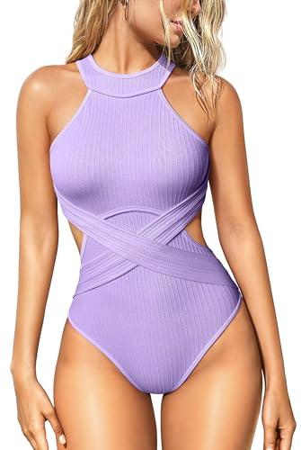 OQQ Women's One Piece Swimsuits Tummy Control High Waisted Cross Bathing Suit Wrap Tie Back 1 Piece Swimwear Lavender L