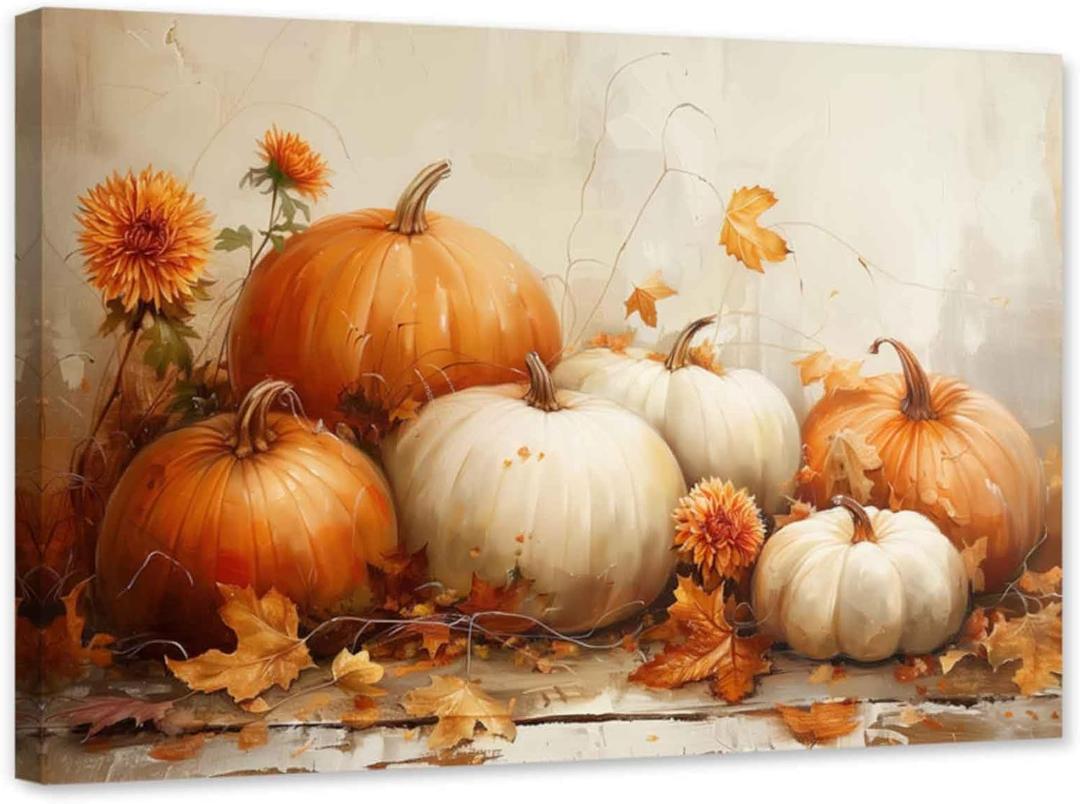 ARTZGX White Pumpkin Wall Art Autumn Canvas Fall Harvest Theme Pictures Fall Leaf Painting for Thanksgiving Wall Decor Frame(Orange 16.00" x 24.00")