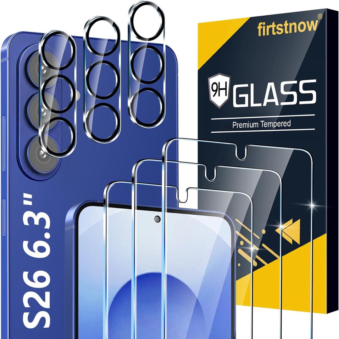 3 Pack for Samsung Galaxy S26 Screen Protector Tempered Glass + 3 Pack Camera Lens Protector, Military Grade Shatterproof, 9H Hardness, Fingerprint Unlock, HD Clear Case Friendly 6.3 Inch
