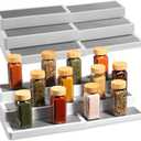 Oizeir Plastic 3-Tier Expandable Spice Rack, Adjustable Length, Stability with Non-Skid Shelf, For Easy Visibility, Organizer for Kitchen Cabinet, Pantry or Countertop, (2-Pack), White/Grey