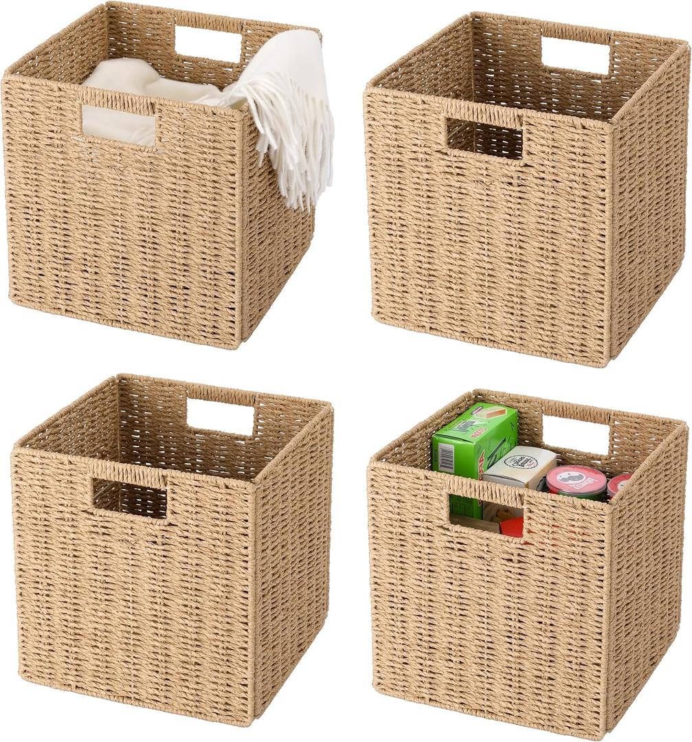 13" x 13" x 13" Wicker Storage Basket,Woven Paper Rope Wicker Baskets,Set of 4 Collapsible Square Organizers,Foldable Cube Storage Bins