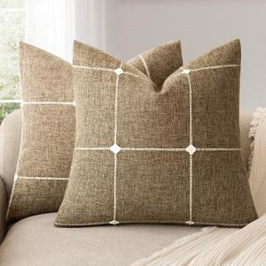 Foindtower Pack of 2 Decorative Faux Linen Jacquard Check Throw Pillow Covers Farmhouse Cushion Cover with Grid Textured Accent Pillowcase for Couch Sofa Living Room Home Decor,20×20 Inch,Tan Khaki