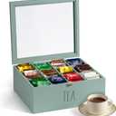 Rae Dunn Tea Bag Organizer - Tea Box Divided Storage Container Box with Hinge Lid for Kitchen Cabinet, Countertop, Pantry, Hold Coffee Pods, Seasoning Packets, Condiments, Sage