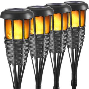 Solar Torch Light with Flickering Flame, 4 Pack Waterproof Bamboo Torches Hand-Woven Rattan Solar Tiki Torches for Outside Patio Yard Garden Lawn (Black-4 Pack)