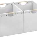 HOONEX Large Collapsible Storage Bins, Linen Fabric, Pack of 2, Storage Baskets with Wooden Carry Handles and Sturdy Heavy Cardboard, for Home, Office, Car, Nursery, White