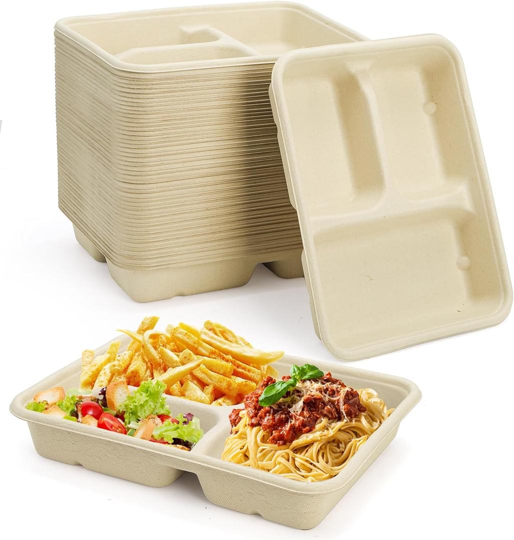 Yesland 100 Pack Compostable Paper Plates, Natural Sugarcane 3 Compartment Plate, Heavy Duty Lunch Tray, Disposable Divided Sectional Trays, Microwave Freezer Safe for Party School