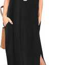 HUSKARY Women's Summer Casual Sleeveless V Neck Strappy Split Loose Dress Beach Cover Up Long Cami Maxi Dresses with Pocket (Black, Small)