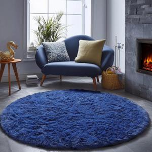 ONASAR Navy Blue Round Area Rugs 5ft, Soft Bedroom Circle Rug Floor Mat for Kids Girls Boys Teen Room, Fluffy Plush Shaggy Carpet for Baby Nursery Living Room Playroom Dorm Home Decor