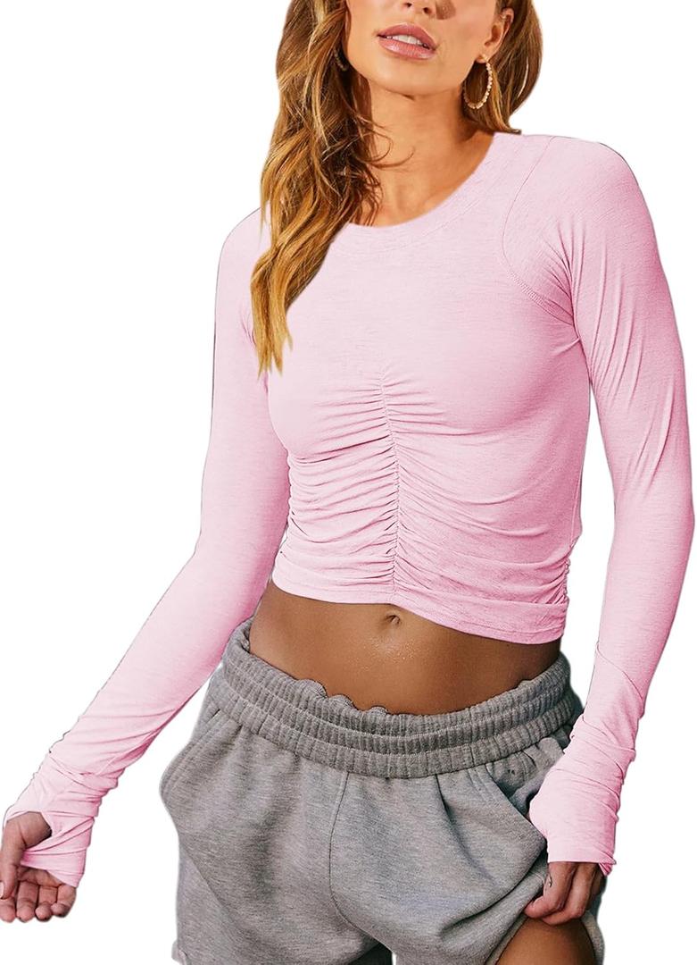 Vivitulip Womens Long Sleeve Shirts Basic Fall Ruched Slim Fitted Crop Tops Tight Athletic Blouse with Thumb Holes (Medium, Pink)