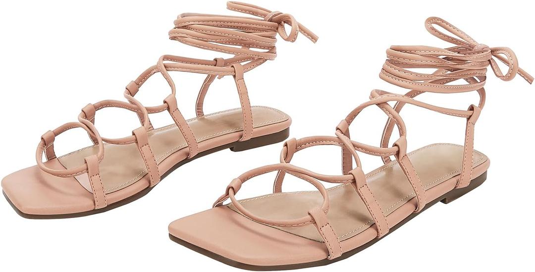 PiePieBuy Womens Lace up Square Toes Flat Sandals with Ankle Strap Summer Criss-Cross Gladiator Shoes (9, 1-pink)