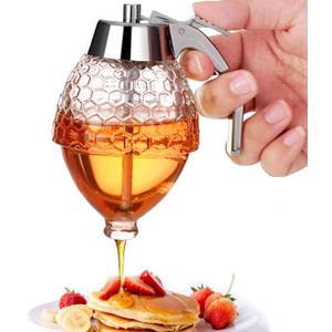 Honey Dispenser, 8oz Honey Dispenser No Drip Glass with Stand, Honey Container & Coffee Syrup Dispenser for Tea Time & Gifting, Elegant Honeycomb Honey Jar - Honey Pot Bottle for Maple Syrup Bee (Silver)