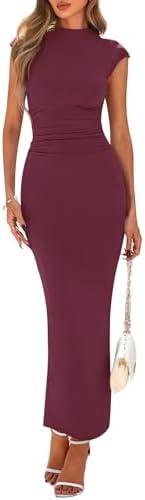 PRETTYGARDEN Women's Summer Maxi Dress Ruched Bodycon Sleeveless Formal Wedding Guest Elegant Cocktail Party Slit Dresses S