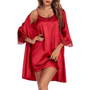 Ekouaer Sleepwear Women's Satin Nightgown with Robes Set 2 Piece Sexy Lace Cami Nightwear (Medium, Red)