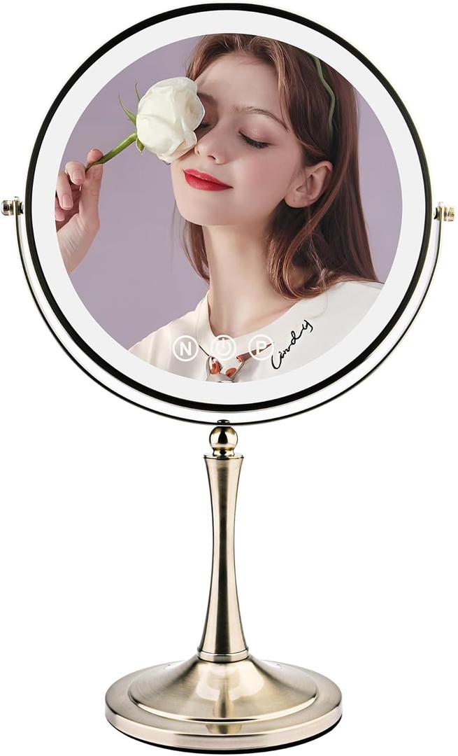 10" Large Lighted Makeup Mirror, 1X/10X Magnifying Vanity Mirror with Lighting, 3 Colors Brightness Adjustable, Rechargeable Double Sided Desk Mirror with 96 LED Lights Brush Nickle