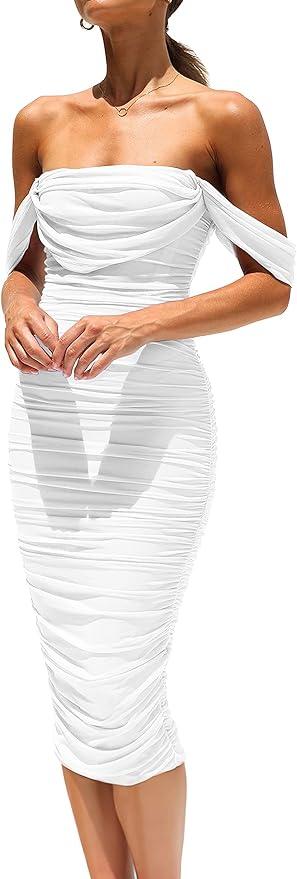 PRETTYGARDEN Wedding Guest Dress 2025 Summer Off Shoulder Ruched Elegant Sexy Bodycon Homecoming Cocktail Party Midi Dress M