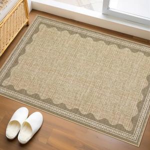 GarveeHome Door Mat Indoor Rugs for Entryway Scalloped Solid Tan Jute Digital Printing Small Rug 2x3 Washable Non-Slip Modern Soft Low-Pile Carpet for Bedroom Kitchen Entrance