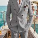 Mens Suits Linen 2 Piece Suit for Men Peak Lapel Slim Fit Suits Set Double Breasted Tuxedos for Wedding Prom, Light Grey (L)