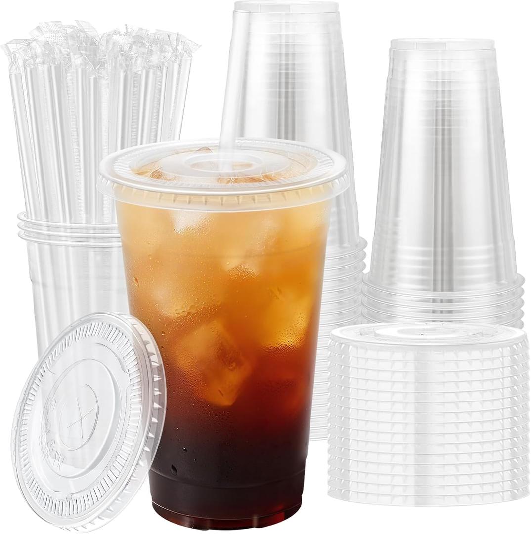 Lamosi 50 Pack 20 oz Clear Plastic Cups with Lids and Straws, Disposable Plastic Coffee Cups with Lids for Iced Coffee, Cold Beverages, Smoothies and To-Go Drinks
