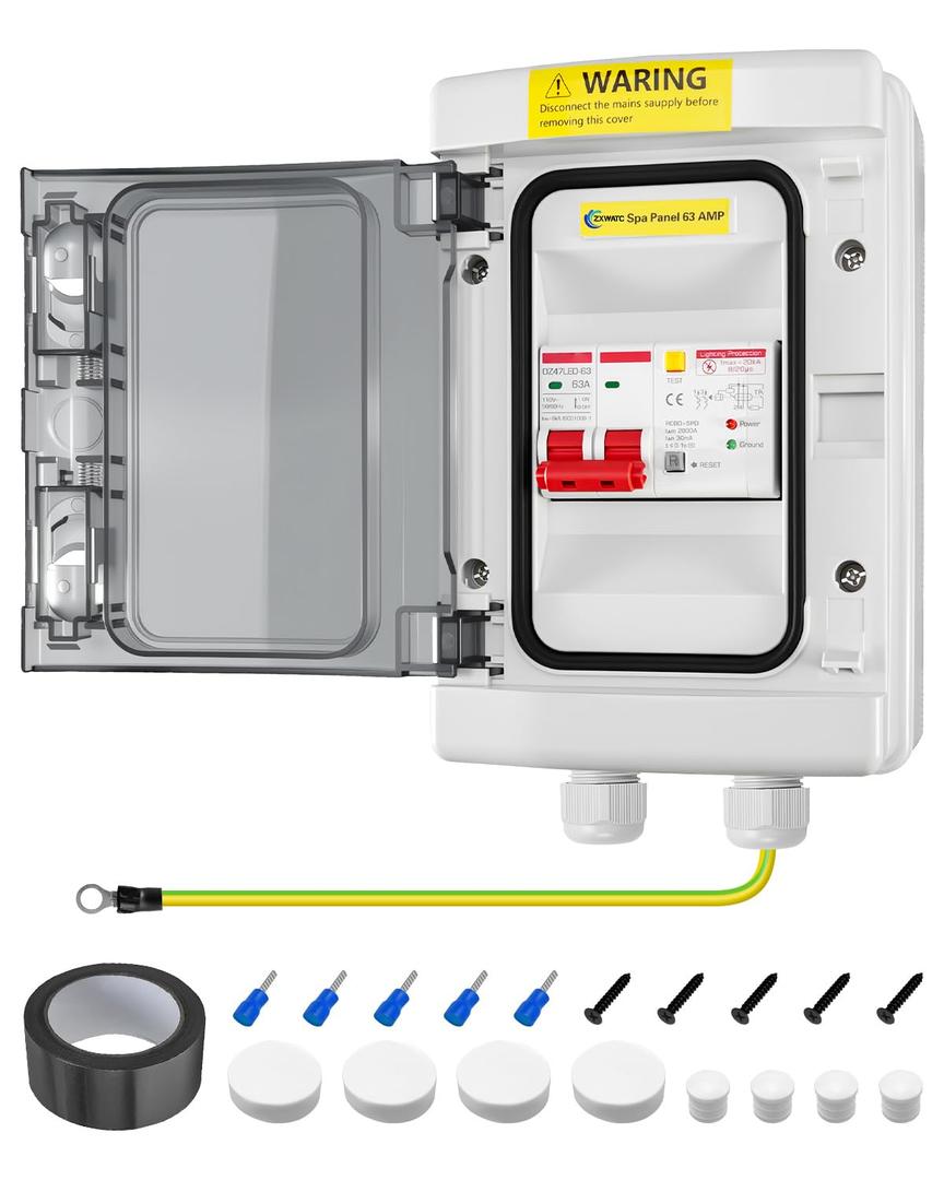 SPA Panel Disconnect GFCI Switch, 63A Circuit Breaker Box with Surge Protection, IP66 Weatherproof Circuit Breaker Disconnect GFCI Switch for Hot Tub, Not Compatible with 4-Wire