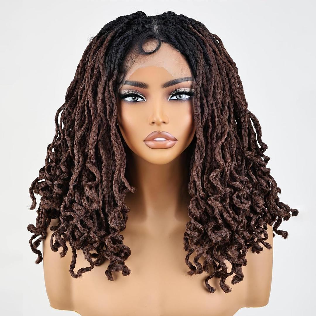 Full Double Lace Braids Wig Ombre Dark Reddish Brown Braided Wigs 14 Inch Natural Hairline with Babyhair 360 Lace Wig Natural Wavy for Black Women Pre Braided with Square Design Black Root