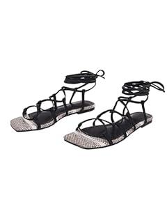 PiePieBuy Womens Lace up Square Toes Flat Sandals with Ankle Strap Summer Criss-Cross Gladiator Shoes (7.5, 1-Snake Print Sole)