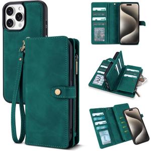 TwoHead Wallet Case Compatible with iPhone 15 Pro Max,Detachable Magnetic Phone Case,All-Round Shockproof Protective Leather Phone Case with Card Holder,6.7 in,Green