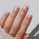 BTArtbox French Tip Press On Nails - The Big Day, Easy-to-Apply White Flower Almond Press On Nails with Glue and Adhesive Tabs in 16 Sizes - 32 Nails All-in-One Kit
